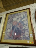 (WALL2) FRAMED PRINT; FAR EASTERN INSPIRED FLORAL PRINT. IS SIGNED BY THE ARTIST. HAS OLIVE GREEN