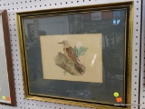(WALL2) FRAMED PRINT; DEPICTS A BROWN, GRAY AND SPECKLE BREASTED BIRD SITTING ON A BRANCH. IS SIGNED