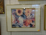 (WALL2) FRAMED STILL LIFE PAINTING; DEPICTS FLOWERS AND FRUIT SITTING ON PLATES AND IN VASES. DOUBLE