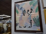 (WALL2) FRAMED AFRICAN ART PRINT; DEPICTS 2 YOUNG WOMEN WITH CHILDREN. IS SIGNED J.C. MADDEN. IN A