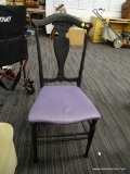 SIDE CHAIR; BLACK PAINTED FIDDLEBACK SIDE CHAIR WITH PURPLE SEAT. MEASURES 17 IN X 16 IN X 36 IN