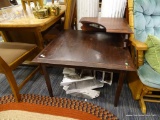 SQUARE TIERED-CORNER END TABLE; DARK FINISHED SQUARE TABLE WITH BEVELED EDGES AND ONE CORNER WITH A