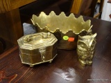 ASSORTED BRASS LOT; 3 TOTAL PIECES INCLUDING AN OWL FIGURINE, A TEA BOX WITH HANDLE LID, AND AN OVAL