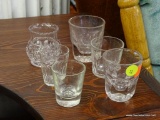 ASSORTED SMALL GLASS ITEMS; TOTAL OF 6. 5 PIECES ARE ASSORTED SHOT OR SHOOTER GLASSES WITH A