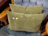 GREEN ACCENT PILLOWS; MATCHING PAIR WITH PIPED EDGES, VERY SOFT VELOUR FABRIC IN A LOVELY SOLID