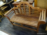 CLASSIC ENGLISH PARK BENCH SEAT; CHIPPENDALE INSPIRED DESIGN WITH WOODEN ROUNDED CREST AND ROLLED