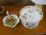 PORCELAIN PIECES AND SMALL SHIP FIGURINES; LARGE ROUND LIDDED SOUFFLE DISH BY L LOURIOUX LE FAUNE,