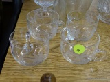 ASSORTED GLASS LOT; 8 TOTAL PIECES INCLUDING A SET OF 4 DELICATE ETCHED GLASS HANDLED PUNCH CUPS, A