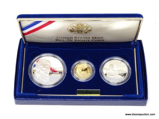 1993 BILL OF RIGHTS COMMEMORATIVE THREE COIN PROOF SET ( 1993 SILVER DOLLAR, 1993 $5 GOLD COIN, 1993