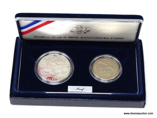 1991-1995 WORLD WAR II 50th ANNIVERSARY COMMEMORATIVE TWO COIN PROOF SET, PROOF SILVER DOLLAR & CLAD