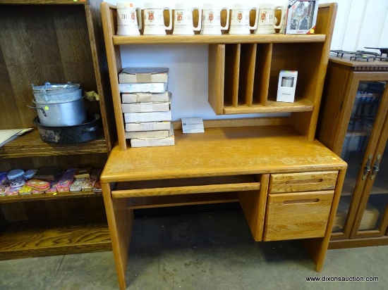 (R1) OAK COMPUTER DESK BY WOOD CRAFT CO.; SOLID OAK- 2 PIECES FOR EASY CARRY, PULL OUT KEYBOARD