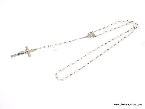 VINTAGE ROSARY WITH WHITE TRANSLUCENT BEADS; WITH CENTER MEDAL AND CRUCIFIX PENDANT, ON STRAND WHICH