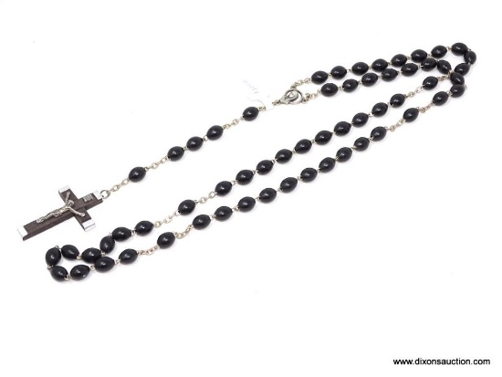 VINTAGE ROSARY WITH BLACK BEADS; INCLUDES CENTER MEDAL AND BLACK WOODEN CRUCIFIX ON PENDANT WITH