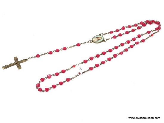 VINTAGE ROSARY WITH RED PLASTIC HEART SHAPED BEADS; ON A BRONZE COLORED CHAIN WITH OVAL SHAPED MEDAL