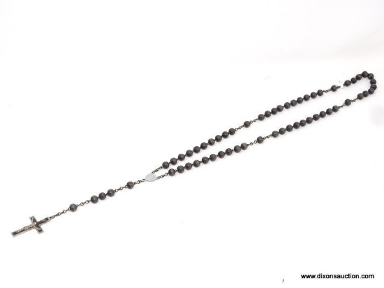 VINTAGE MIRACULOUS ROSARY; ON A BRONZE COLORED STRAND WITH DARK GREY (ALMOST BLACK) BEADS, A