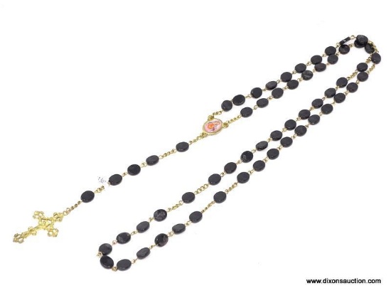 VINTAGE ROSARY WITH BLACK BEADS; 5 SETS OF 10 FLAT BLACK OVAL-SHAPED BEADS, ON A GOLD COLORED STRAND