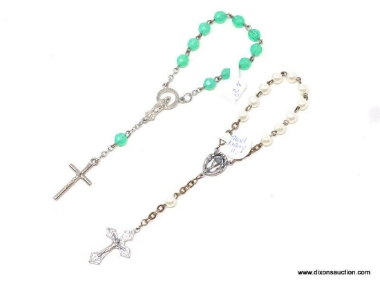 TRAVEL ROSARY LOT; INCLUDES 2 TOTAL. ONE IS WHITE WITH PEARLY BEADS AND MARKED "ITALY", OTHER IS A