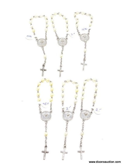 TRAVEL ROSARY LOT; TOTAL OF 6 PIECES, ALL MATCHING, EACH WITH 10 PEARLY BEADS WITH MEDALS AND