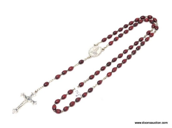 90TH ANNIVERSARY FATIMA ROSARY; BEAUTIFUL DARK RED BEADS (5 SETS OF 10) ARRANGED ON A STRAND WITH A