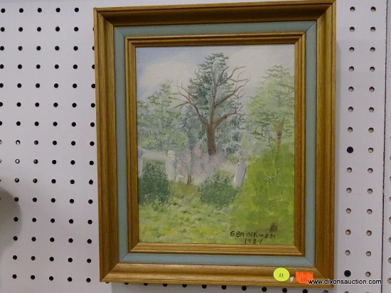 (WALL) SMALL FRAMED OIL ON CANVAS; IMAGE OF TREES AND A RURAL FENCE, IN A LIGHT TEAL AND NATURAL