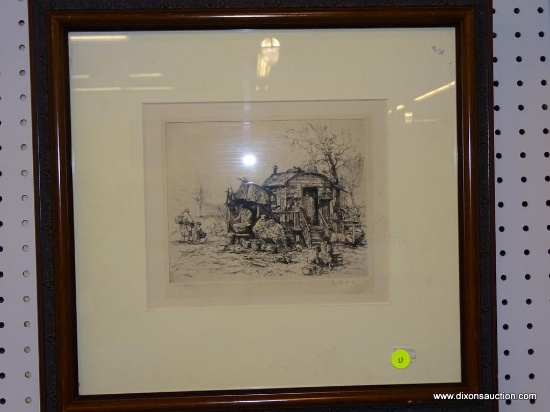 (WALL) FRAMED SKETCH ART; IMAGE OF A SETTLERS CAMP WITH A SMALL SHACK AS WELL AS AN OUTDOOR SPACE