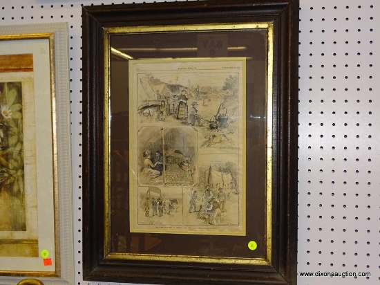 (WALL) FRAMED "HARPER'S WEEKLY" CARTOON; FRAMED FULL-PAGE IMAGE OF "THE GYPSY ENCAMPMENT ON