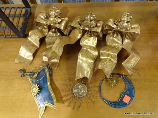 GOLD AND TEAL DECOR LOT; INCLUDES 7 TOTAL PIECES SUCH AS 3 HANGING BOWS WITH CHERUBS IN CENTER, 3