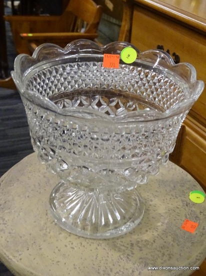 VINTAGE GLASS PEDESTAL TRIFLE BOWL; SCALLOPED TOP EDGE, HOBNAIL PATTERNED SIDES, AND ROUND FLUTED