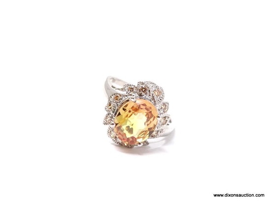OVAL YELLOW-GOLD SAPPHIRE DINNER RING; SIZE 7.75, .925, FACETED OVAL GOLD SAPPHIRE CENTER STONE