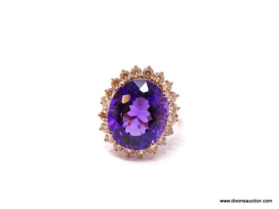 BRAZILIAN PURPLE-PINK COCKTAIL RING IN ROSE GOLD SETTING; SIZE 6.5, .925 WITH ROSE GOLD OVERLAY,