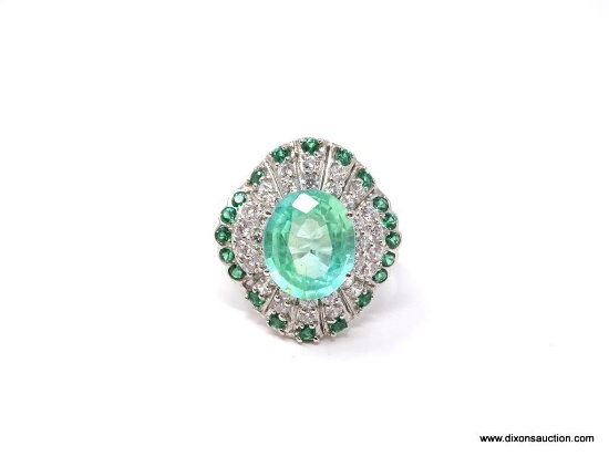 BRAZILIAN EMERALD COCKTAIL RING; SIZE 6.5, .925, APPROX 6.10 CARATS, BEAUTIFUL DESIGN, UNHEATED,