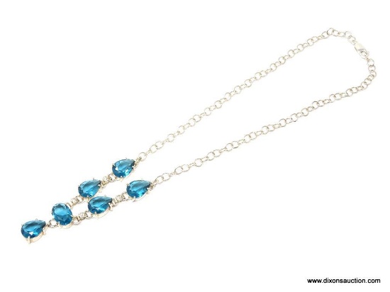 18 INCH LONDON BLUE TOPAZ NECKLACE; SOLID .925 LOBSTER CLASP WITH 4 TEARDROP AND ONE CENTER OVAL