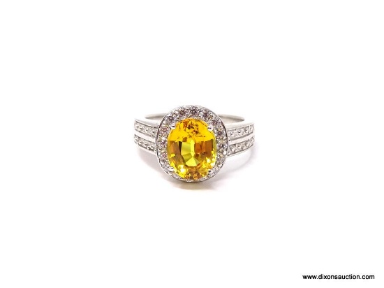 YELLOW SAPPHIRE OVAL CUT RING; SIZE 6.25, .925, APPROX 3.6 CT, SURROUNDED 16 PCS OF WHITE SAPPHIRES,