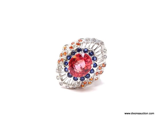 PADPARADSCHA ORANGE AND BLUE SAPPHIRE RING; SIZE 6, .925, APPROX 6.25 CT, RARE FACETED OVAL SHAPED