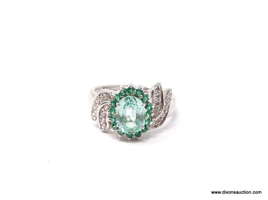 OCEAN GREEN TOURMALINE RING; SIZE 8, APPROX 2.15 CT, .925, OVAL SHAPED MAIN STONE WITH 16 PCS OF