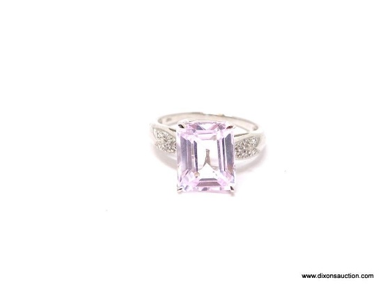 PINK KUNZITE EMERALD-CUT RING; SIZE 6.5, .925, APPROX 6.55 CT CENTER STONE SURROUNDED WITH 10 PCS