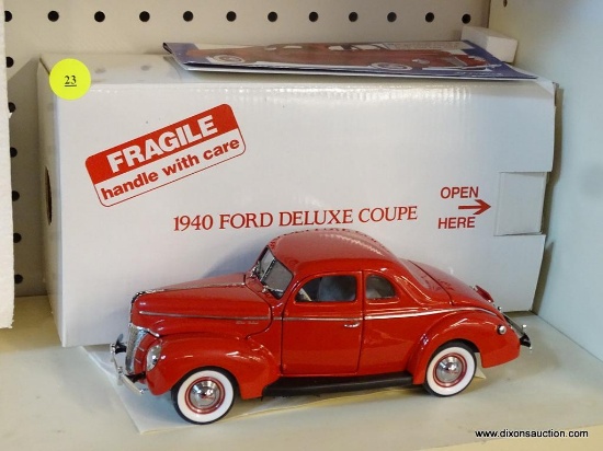 FORD DELUXE COUPE; THE DANBURY MINT 1940 FORD DELUXE COUPE 1:24 SCALE MODEL CAR WITH ORIGINAL BOX
