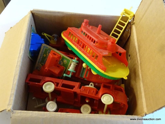 SMALL BOX OF TOY VEHICLES; BOX LOT OF VINTAGE PLASTIC VEHICLES INCLUDING FIRE TRUCKS (1 IS A RENEWAL