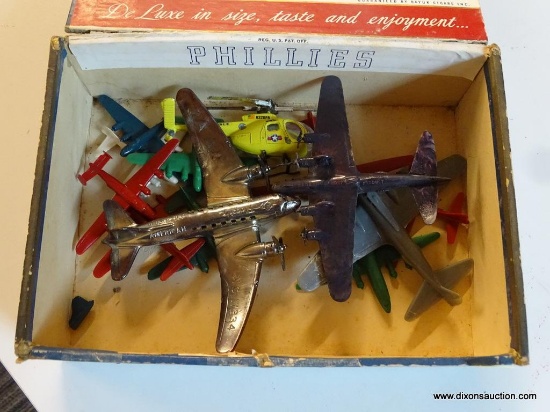 CIGAR BOX OF TOY AIRPLANES; INCLUDES VARIOUS VINTAGE PLASTIC AIRPLANE TOYS OF VARYING SIZES (SOME