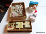 BOX LOT OF ASSORTED TOYS; INCLUDES A VINTAGE WOODEN PUZZLE, A KEEPSAKE 1935 STEELCRAFT BY MURRAY