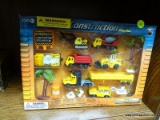 TOY CONSTRUCTION SET; CONSTRUCTION PLAY SET WITH TRUCKS, TRACTOR TRAILER, CONSTRUCTION SIGN, AND