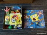 (CNTR) TRAY LOT OF SPONGEBOB TOYS; BRAND NEW SPONGEBOB WATCH, WASH MITT, BOOK SITTER, UNO SET,