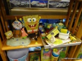 (CNTR) SHELF LOT OF SPONGEBOB ITEMS; BIKINI BOTTOM ALARM CLOCK, LIGHT UP SPONGEBOB SHAPED LIGHT,