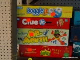 (WALL) 4 BOARD GAME LOT; INCLUDES BOGGLE JR, CLUE JR, MR. MOUTH, AND APPLES TO APPLES.