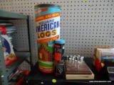 (WALL) 4 PIECE TOY LOT; VINTAGE HALSAM SQUARE AMERICAN LOGS IN ORIGINAL TUBE, PEG JUMP GAME, VINTAGE