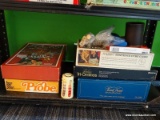 (WALL) 6 BOARD GAME LOT; SCRABBLE SENTENCE CUBE GAME, TRI-OMINOS, TRIVIAL PURSUIT, PROBE, YAHTZEE,