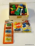 SMALL BOX OF TOY VEHICLES; BOX LOT OF VINTAGE PLASTIC VEHICLES INCLUDING CORGI TOW TRUCK IN THE