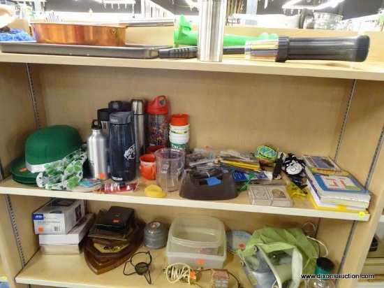 (R1A)SHELF LOT OF ASSORTED ITEMS; THIS LOT INCLUDES 3 ST. PATRICK'S DAY HATS, 7 WATER BOTTLES (3 ARE