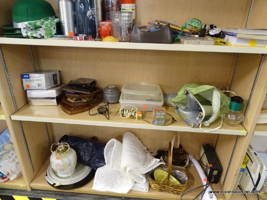 (R1A) SHELF LOT OF ASSORTED ITEMS; THIS LOT INCLUDES A PAIR OF BLACK THINSULATE GLOVES WITH LEOPARD