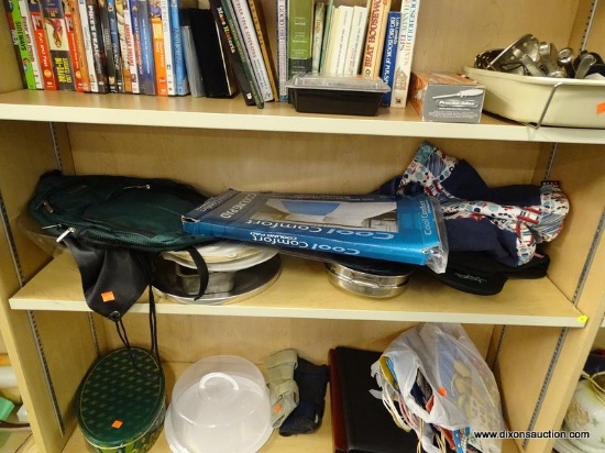 (R1A) SHELF LOT OF ASSORTED ITEMS; THIS SHELF CONTAINS A LARGE CLEAR PLASTIC PUNCH BOWL, A METAL